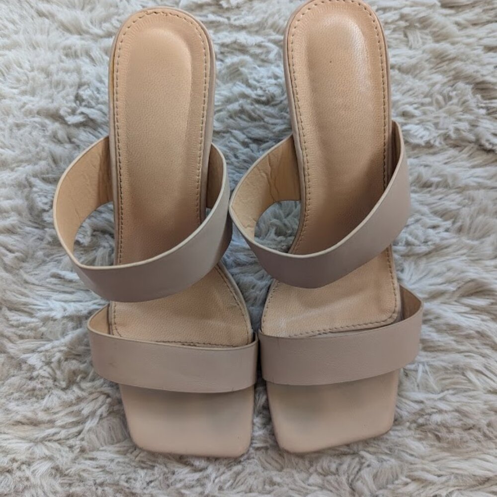 Beige faux leather sandals with gold ball heels